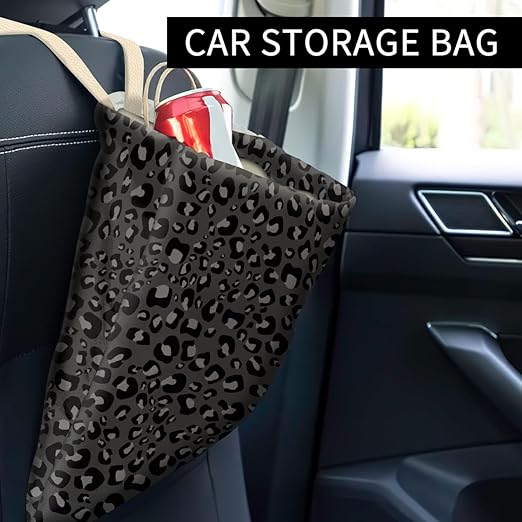 ABUIFDK Car Trash Can, Cute Car Trash Bag, Hanging Car Organizer and Storage Bag, Trash Bin for Car Accessories, Vehicle, Travelling, Camping Black Leopard Skin
