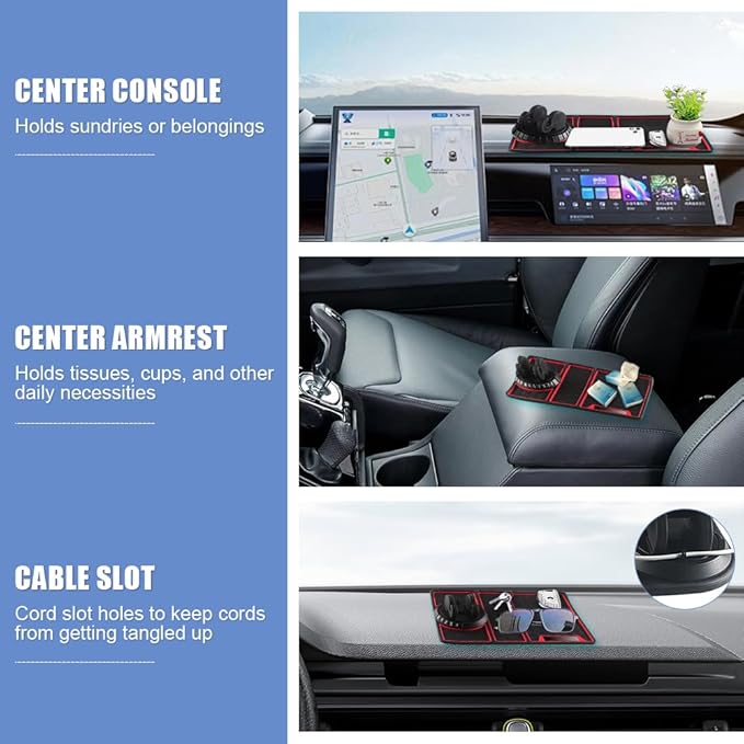 NHHEO Car Anti Slip Mat Dashboard Tray Decorations Sticky Pad 4 in 1 Multi Functional with 360° Rotating Universal Phone Pad Holder+Number Plate, Washable Car Dash Mat(Black&Red)