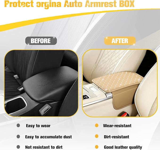 Car Center Console Cover, Leather Vehicle Armrest Storage Box Protector with 2 Storage Bags, Automotive Interior Middle Console Cushion Pad, Universal for SUV Sedan Truck (Beige)