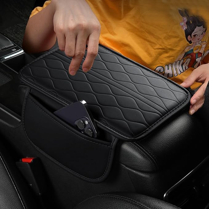 Car Center Console Cover, Leather Vehicle Armrest Seat Box Pad Cushion with 2 Storage Bags, Automotive Interior Arm Rest Protector Accessories, Universal for SUV, Sedan, Truck (Black)