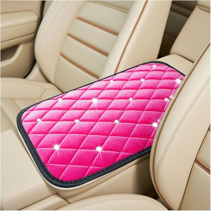 HZEL Bling Car Center Console Cover, Crystal Rhinestone Velvet Soft Vehicle Seat Armrest Box Protector Cushion, Comfortable Diamond Auto Arm Rest Mat Pad, Universal for Truck SUV Sedan (Rose Red)