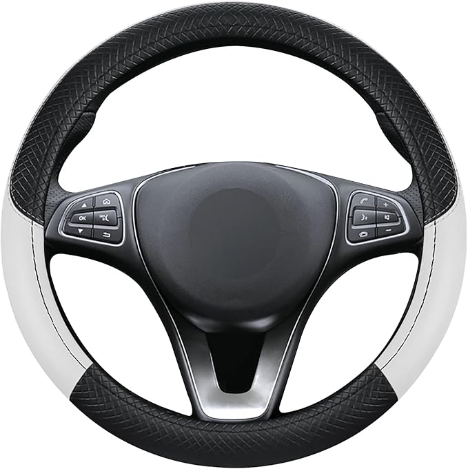 Black & White Car Steering Wheel Cover, Microfiber, Leather Patchwork, Universal 14.5-15 Inch Leather Anti-Slip Breathable Auto Steering Wheel Covers for Men Women