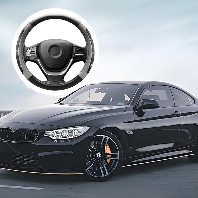 Car Steering Wheel Cover, 15 Inch Carbon Fiber Leather Non-Slip Steering Wheel Protector with Lining, Breathable Automotive Interior Accessories, Universal for SUV RV Truck (Gray)