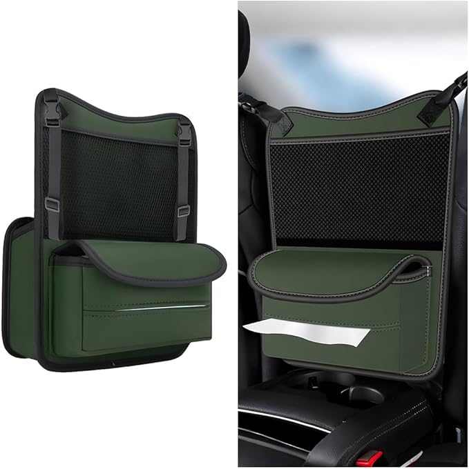 Car Organizer Storage Between Seats, Nappa Leather Large Capacity Vehicle Hanging Handbag Holder for Document Phone, Auto Interior Console Organizer Pocket, Universal Fit (Green)