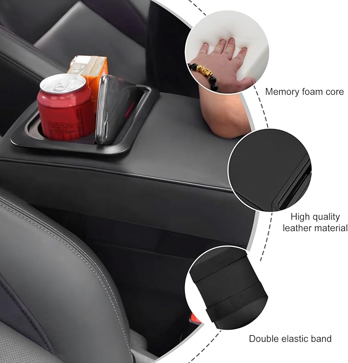 Car Center Console Armrest Pillow, Waterproof Leather Armrest Cushion with Cup Holder & Phone Holder, Memory Foam Arm Rest Box Cover Protector with Storage Bag for Most Cars (Glossy Black)
