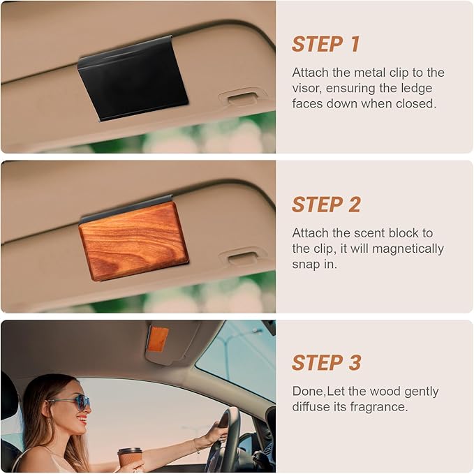 Car Air Freshener Starter Kit, Long Lasting Wood Car Fresheners - Car Odor Eliminator for Visor Clip - CLIP INCLUDED - 3 Pack (Amber-Teak-Open Air)