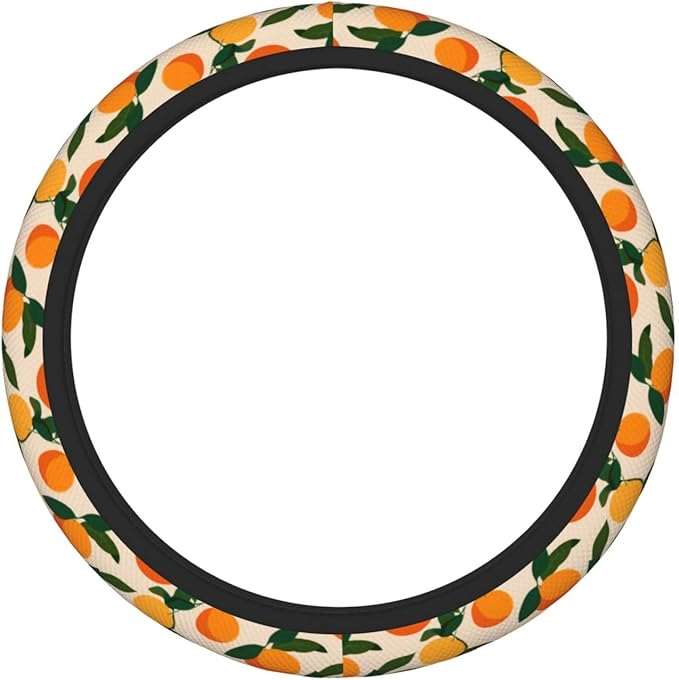 Oranges Green Leaves Steering Wheel Cover for Women Men Girls, Car Accessories Decor Thickened Anti-Slip Auto Steering Wheel Covers Protector Universal Fit 15 Inch for Cars, Truck, SUV