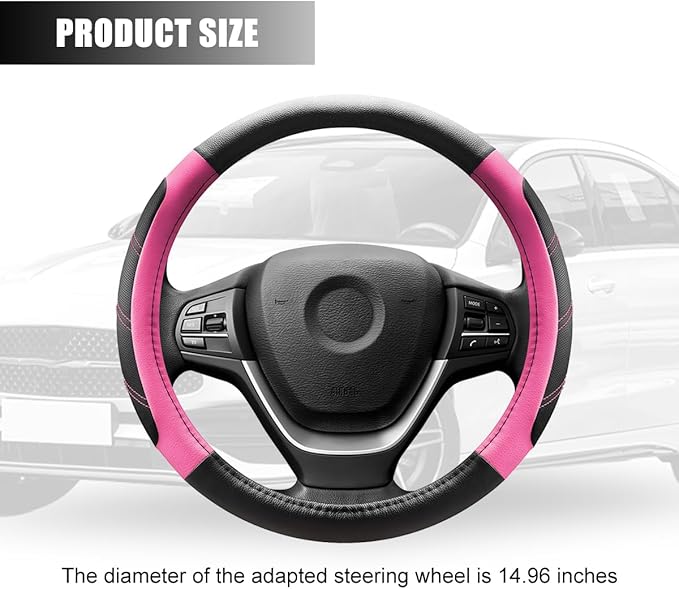 Car Steering Wheel Cover, 15 Inch Carbon Fiber Leather Non-Slip Steering Wheel Protector with Lining, Breathable Automotive Interior Accessories, Universal for SUV RV Truck (Pink)