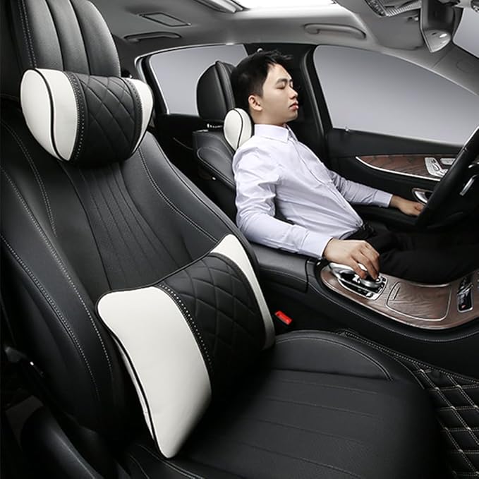 Car Pillows Napa Leather Car Seat Rest Cushion Car Lumbar Pillow for Mercedes Benz Maybach S-Class Lumbar Support Pillow car Accessories（Beige Black）