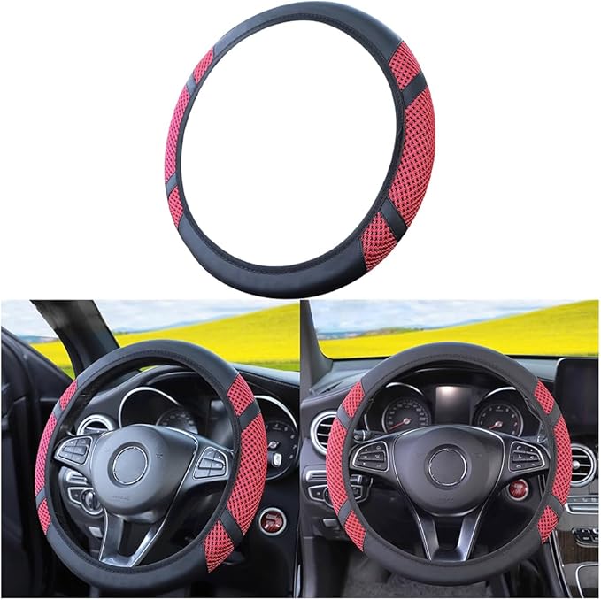 Zipelo Elastic Stretch Car Steering Wheel Cover, Leather Breathable Vehicle Steer Wheel Protective Guard, Anti-Slip Automotive Steer Wheel Protector Accessories, Universal for Most Cars (Red)