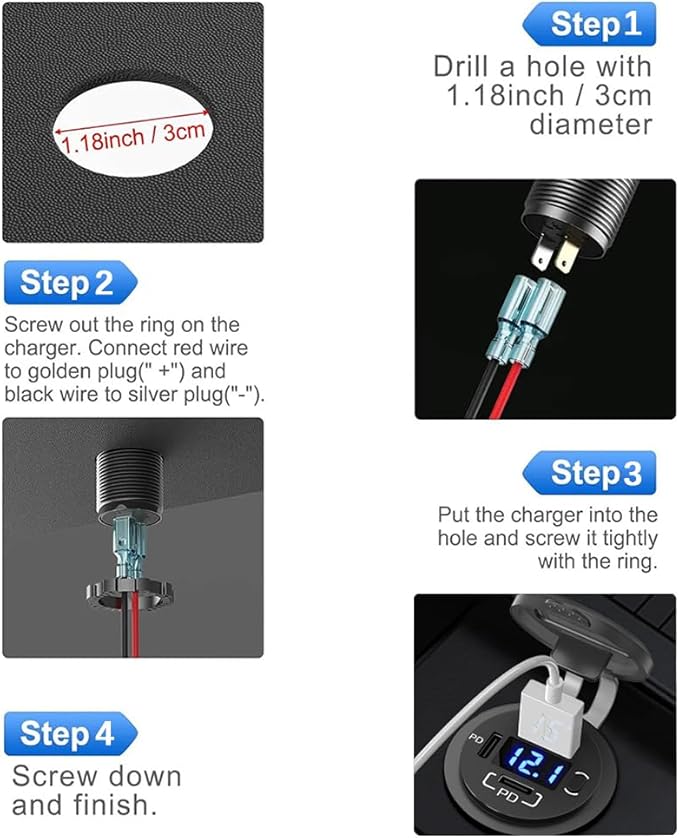 USB C Car Charger Socket, 12V USB Outlet with Voltmeter, Dual PD 30W and 18W QC3.0 Multi Port Car Cigarette Lighter Replacement Fast Charger for Boat Marine RV Vehicle