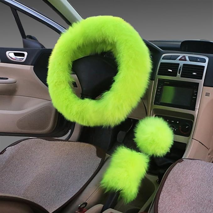 15inches Universal Leather Car Steering Wheel Cover Car Accessories Colorful Fuzzy Steering Wheel Cover Gear Shift Cover Handbrake Cover (neon Green)