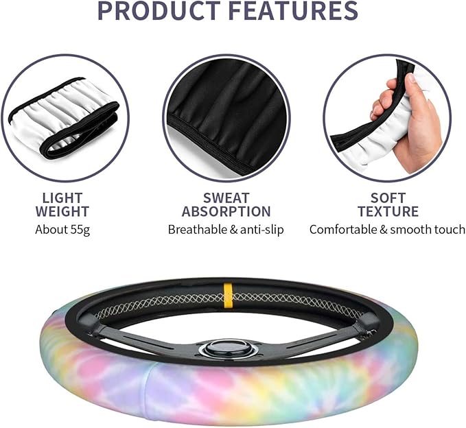 Rainbow Tie Dye Steering Wheel Cover for Women Men with 2 Pcs Car Coasters, Universal 14.5-15 Inch Rainbow Steering Wheel Covers Non-Slip Car Accessories for Girls