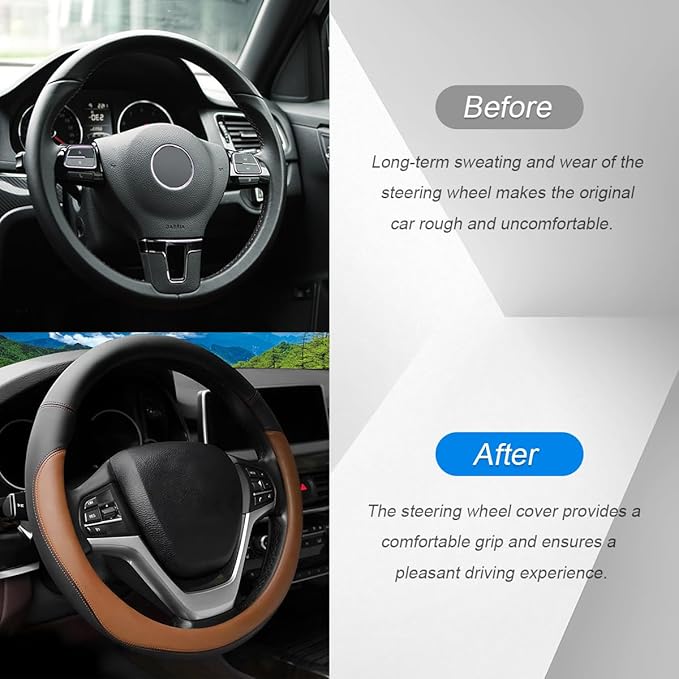 Car Steering Wheel Cover, 14.5"-15" Leather Anti-Slip Sporty Vehicle Steering Wheel Protector, Soft Breathable Auto Interior Decoration Accessories, Universal for SUV Truck Sedan (Coffee)