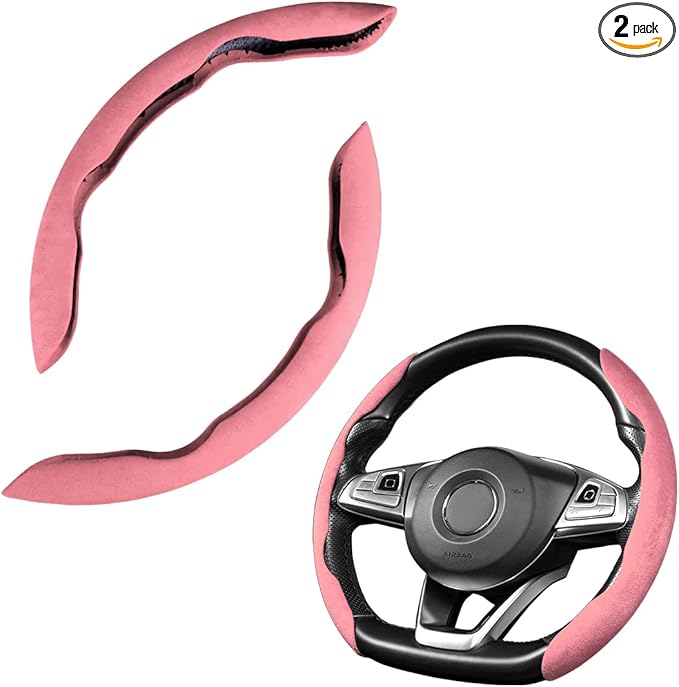 Car Steering Wheel Cover, Microfiber Suede Leather and Carbon Fiber Double Sided Design, Warm in Winter and Cool in Summer, Breathable Non Slip Segmented Protector for Most Cars (Turn Fur/Pink)