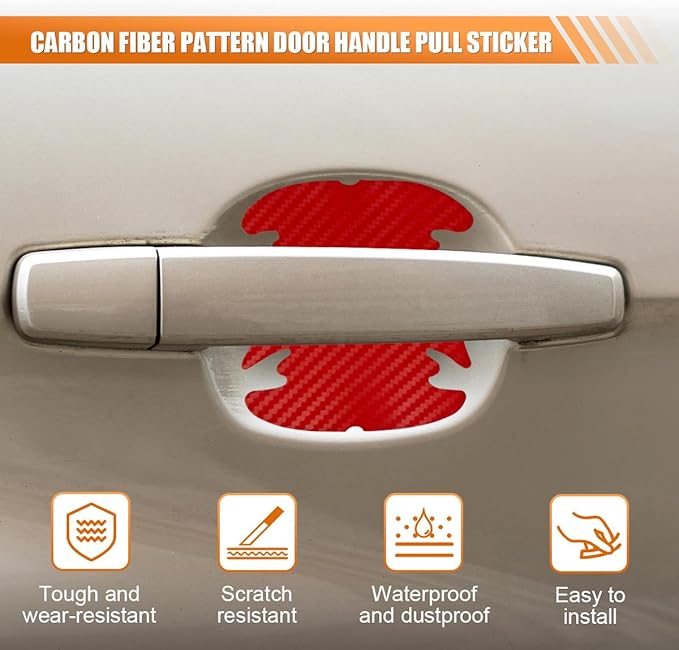 4PCS Car Door Handle Cup Scratch Protector, 3D Carbon Fiber Door Bowl Sticker, Car Paint Protective Film, Universal Automotive Doors Handle Guard Pad for Most Cars (Red)