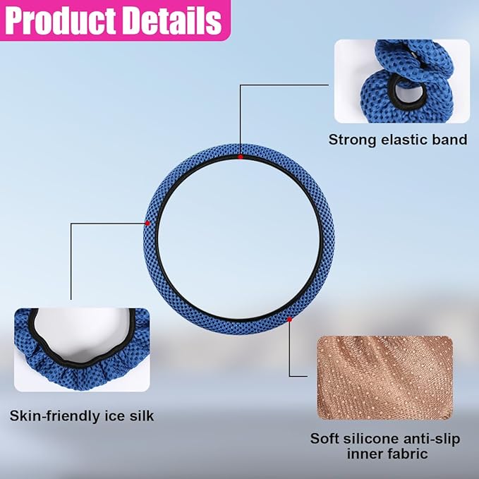 Elastic Stretch Steering Wheel Cover, Anti-Slip 15 inch Microfiber Odorless Breathable Ice Silk Car Steering Wheel Protector, Easy Carry, Warm in Winter & Cool in Summer (Blue)