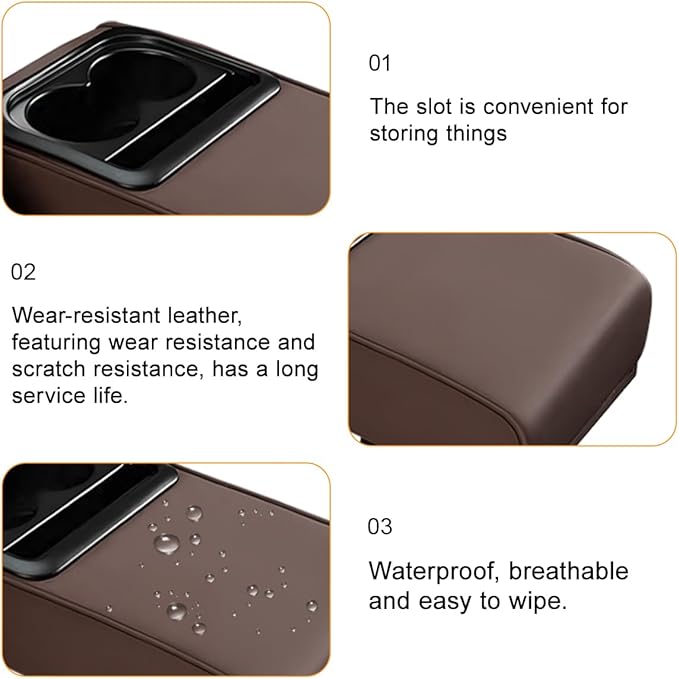 Car Center Console Armrest Pillow, Leather Vehicle Middle Console Protection Cushion with Cup & Phone Holder, Waterproof Automotive Arm Rest Box Cover Accessories, Universal Fit (Coffee)