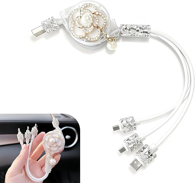 Car Retractable Multi Charging Cable, 3 in 1 Fast Charger Cord, Camellia Patterned/Heart-shaped Diamond-studded Car Charger Cable, Stylish for Women, Compatible with Phone, Tablets (White)
