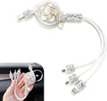 Car Retractable Multi Charging Cable, 3 in 1 Fast Charger Cord, Camellia Patterned/Heart-shaped Diamond-studded Car Charger Cable, Stylish for Women, Compatible with Phone, Tablets (White)