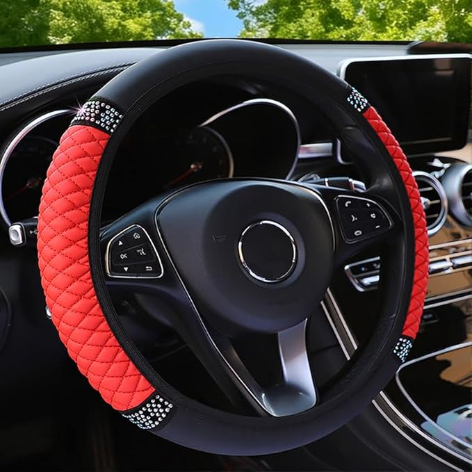 WLERIR Microfiber Leather Steering Wheel Cover with Anti-Slip Lining Universal Car Accessory for Steering Wheel with a Diameter of 14.5-15 inch (Red)