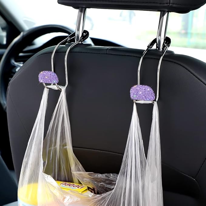 SAVORI Purse Holder for Car, Bling Car Hooks Organization Rhinestones Auto Back Seat Headrest Metal Hanger Organizer for Bags 2PCS (Purple)