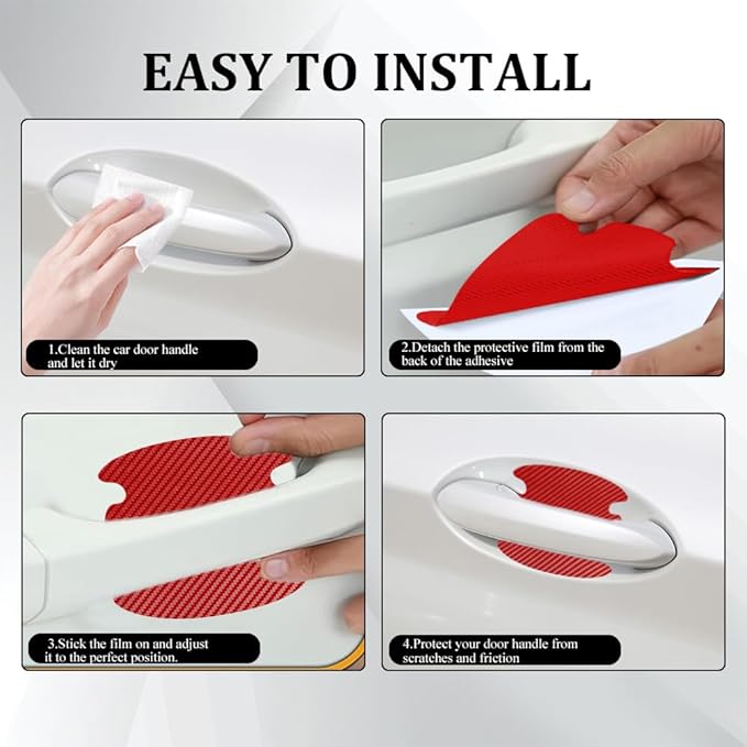 4PCS Car Door Handle Scratch Protectors, Car Door Handle Sticker, Carbon Fiber Anti-Scratches Auto Bowl Protectors, Waterproof Cup Paint Guard Protective Films for Most Vehicles (Red 4PCS)