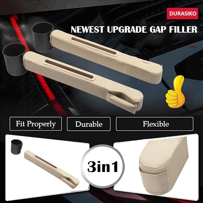 DURASIKO Advanced 3in1 Car Seat Gap Filler with Pocket Organizer and Removable Cupholder,Console Side Pocket Organizer,Car Seat Gap Pad for Cellphone Coin Key,Stopper and Blocker,PU Leather,2 Packs