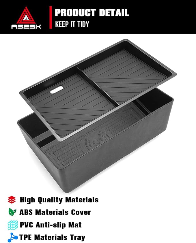 For 2025~2026 GMC Yukon (Elevation/AT4) - Only Compatible with Console Without Cover 2Pcs Center Console Organizer Tray ABS Materials& TPE Wirless Mats Storage Box