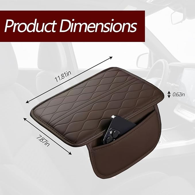 HZEL Car Center Console Cover, Scratch & Wear Resistant Soft Leather Vehicle Armrest Seat Box Cushion Pad with 2 Storage Bag, Waterproof Automotive Interior Protector, Universal Fit (Coffee)