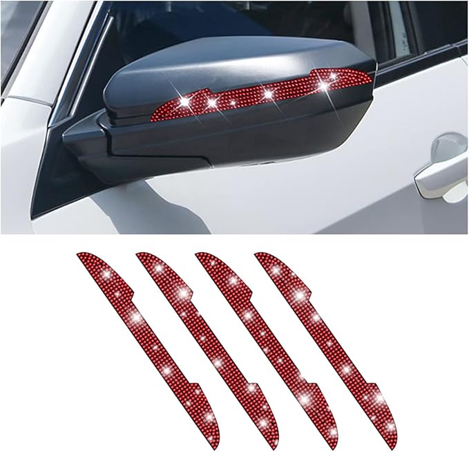 4 PCS Bling Rhinestone Car Door Handle Scratch Protector, Universal for All Cars, Vehicles, SUVs, Car Side Rearview Mirror, Car Door Edge Guard, Car Exterior Accessories for Women Men (Red)