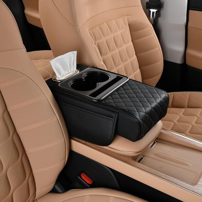 Car Center Console Armrest Pad for Nissan Kicks 2018–2025 2026 P16,Pu Leather Heightening Cushion with Cup Holder and Tissue Box,Multifunctional Organizer Accessories,Black