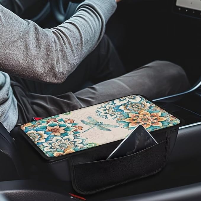 Boatee Flower Dragonfly Car Center Console Cover Auto Arm Rest Mat for Car Armrest Organizer for Car Console Cushion Comfortable Console Cover Universal Armrest Box Pad Interior Decor White