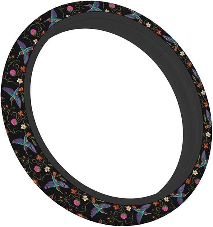 Swono Hummingbirds and Flower Car Steering Wheel Covers for Men Women,Hummingbirds Flowers Embroidery Car Accessories Decor 15" Steering Wheel Cushions Comfort Grip Neoprene Stretch-On Anti-Slip Case