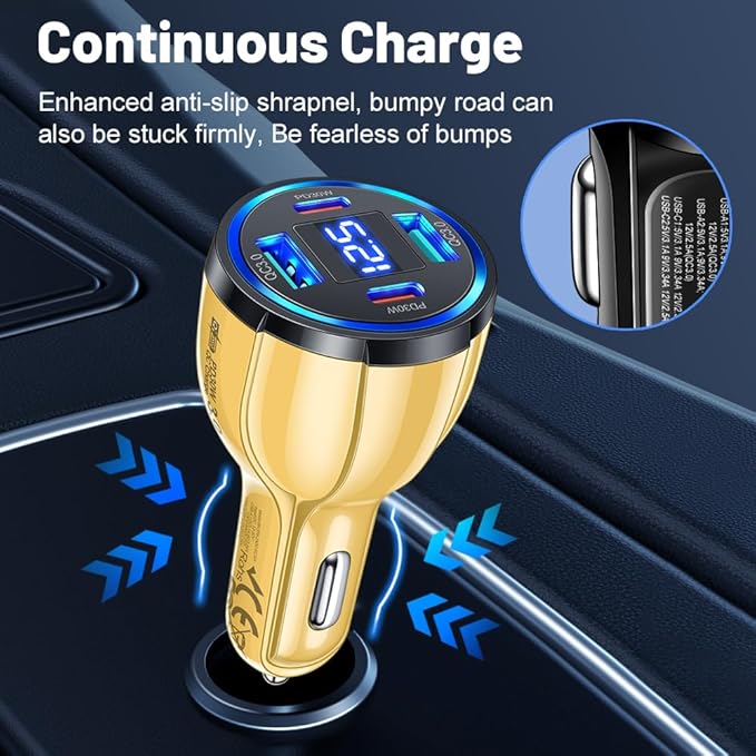 USB C Car Charger Adapter with Voltmeter Compatible with iPhone, Android, Samsung, iPad Pro, PD30W &QC3.0 Multi Port Fast Charging (Yellow)