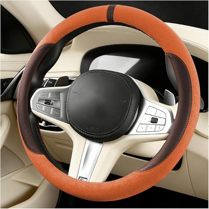 HZEL Car Steering Wheel Cover, Non-Slip Suede Leather Breathable Vehicle Steering Wheel Protector with Inner Ring, Automotive Interior Protective Accessories, Universal Fit (Amber Orange)