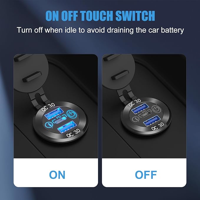 12V USB Aluminum Car Charger Socket PD 3.0 Type C and Dual Quick Charge 3.0 USB Port Multiple Waterproof 12V/24V USB Outlet with Touch Switch Fuse Wire Kit for Car Boat Marine RV Motorcycle, etc.