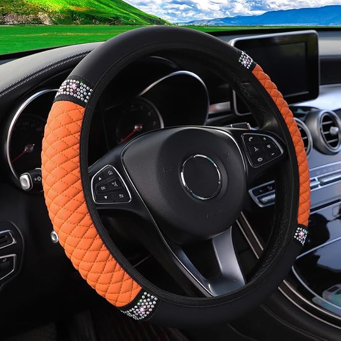 WLERIR Microfiber Leather Steering Wheel Cover with Anti-Slip Lining Universal Car Accessory for Steering Wheel with a Diameter of 14.5-15 inch (Orange)