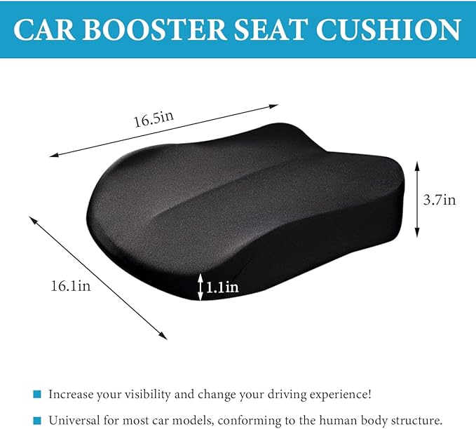Car Seat Cushion, Comfort Ergonomic Memory Foam Seat Cushion for Tailbone Back Pain Relief, Breathable Car Cushion Suitable for Short People Driver to Get Better View (Black)