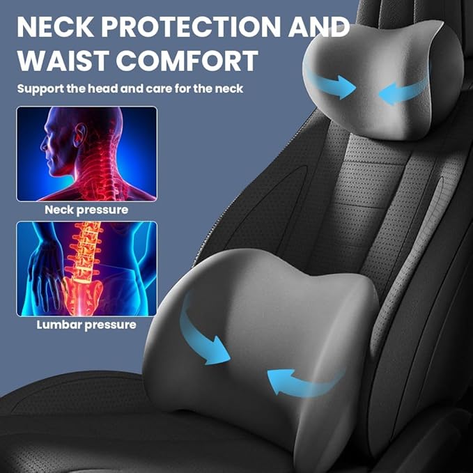 Car Headrest & Lumbar Support Cushion, 2025 Upgrade Car Lumbar Support Pillow and Car Neck Pillow Kit, Ergonomic Car Seat Headrest & Lumbar Cushion for Neck Back Pain Relief (Black)