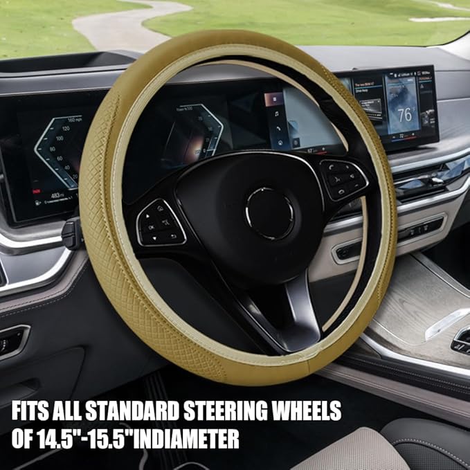 Car Steering Wheel Cover, Universal 14.5-15 Inch Beige Leather Steering Wheel Wrap with Better Sport Grip for Men Women, Anti-Slip Breathable Car Interior Accessories for Most Vehicles (Beige)
