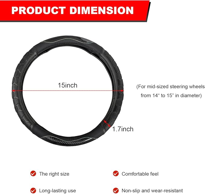 Carbon Fiber Steering Wheel Cover, Non-Slip Leather Steering Wheel Protector with 3D Honeycomb Design, Comfy Grip Breathable Sporty Auto Wheel Wrap for Most Cars Trucks SUVs (Black)