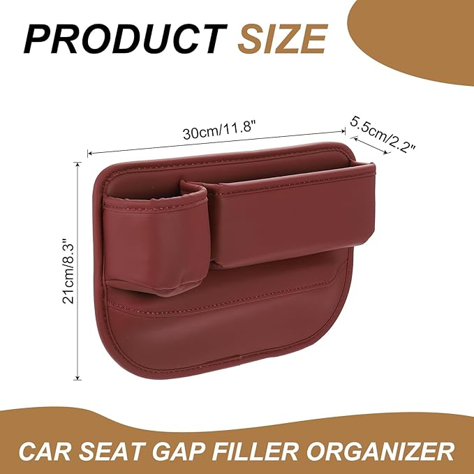 HARFINGTON Car Seat Gap Filler Organizer 11.8 x 8.3 x 2.2 Inch PU Universal Car Organizer Storage Box Between Seat and Console (Left) with Cup Holders for Phone Sunglasses Keys, Red