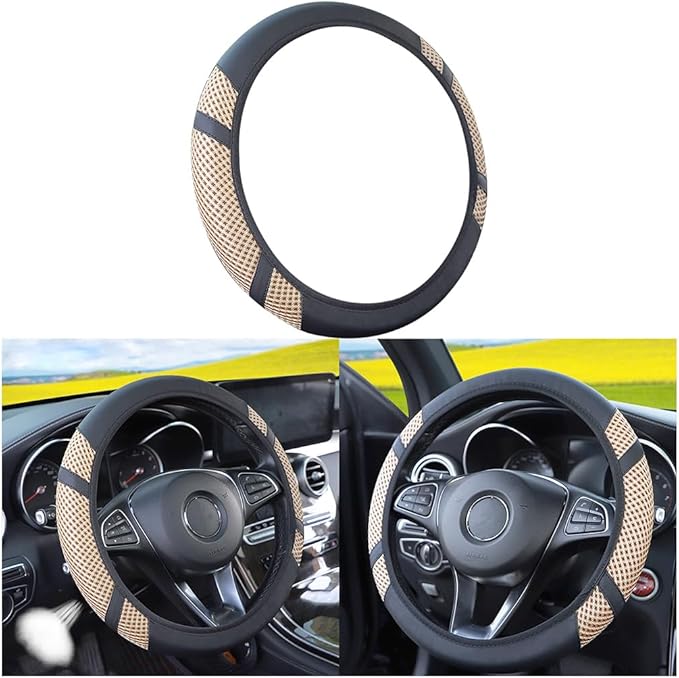Zipelo Elastic Stretch Car Steering Wheel Cover, Leather Breathable Vehicle Steer Wheel Protective Guard, Anti-Slip Automotive Steer Wheel Protector Accessories, Universal for Most Cars (Beige)
