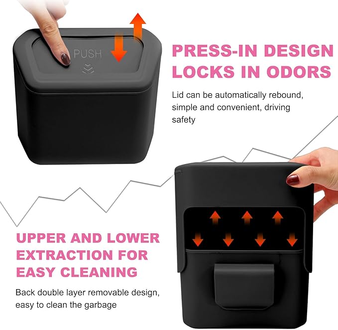 Car Trash Can with Lid, Plastic Mini Auto Hanging Dustbin with Garbage Bags, Trash Organizer with Lid Garbage Holder Container for Vehicle Office Home, Car Accessories (Black)