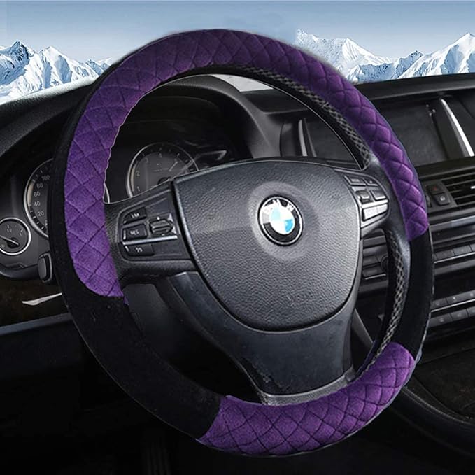 15Inch Leather Car Steering Wheel Cover Women Cute Non Slip Car Accessory Gear Shift Cover Handbrake Cover Universal Fit Most Car Protector (Purple)