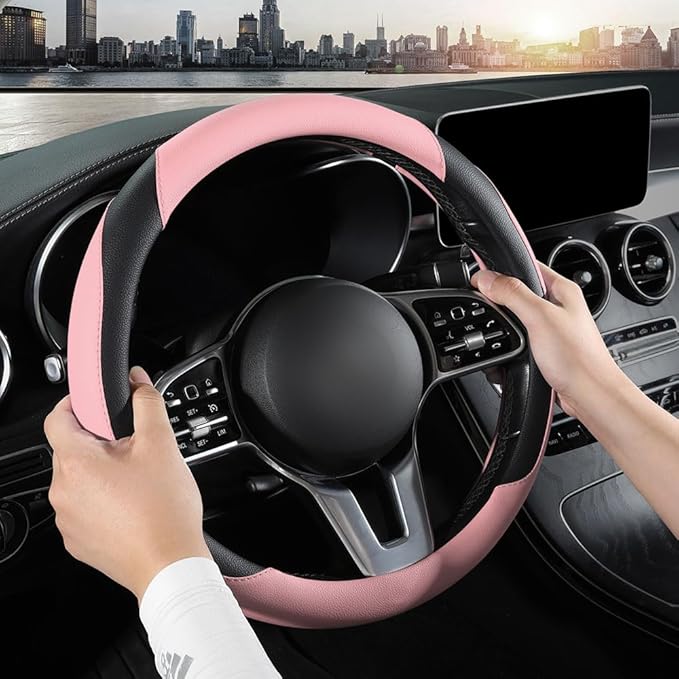 Car Steering Wheel Cover, Microfiber Leather Steering Wheel Cover Universal Fit 14.5-15 inch Anti-Slip Comfortable Breathable Car Wheel Protector for Men Women,Pink