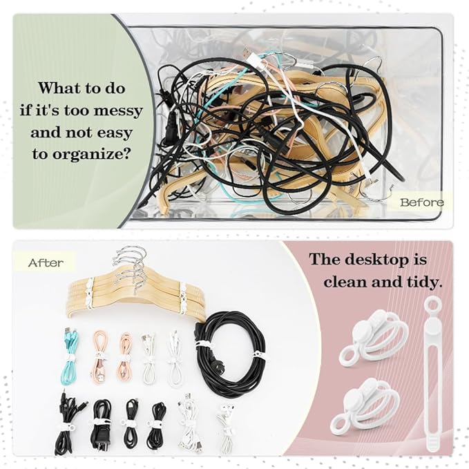 12Pcs White Silicone Cord Strap, Silicone Cable Ties, Reusable Cable Ties Management Organizer, Multipurpose Elastic Cord Organizer for Bundling and Fastening Cable