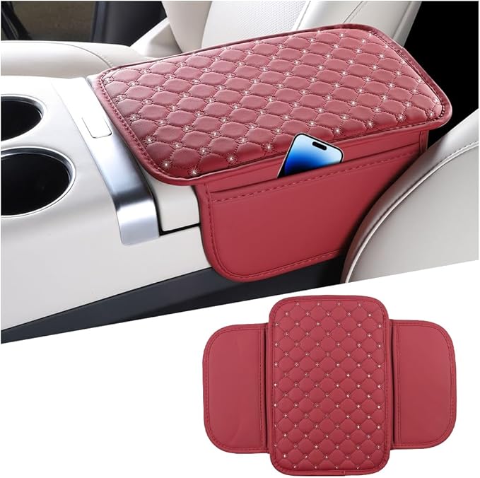 Bling Car Center Console Cover, Leather Crystal Rhinestone Vehicle Armrest Cushion Pad with Side Storage Bags, Scratch Resistant Auto Middle Console Protection Mat, Universal Fit (Wine Red)