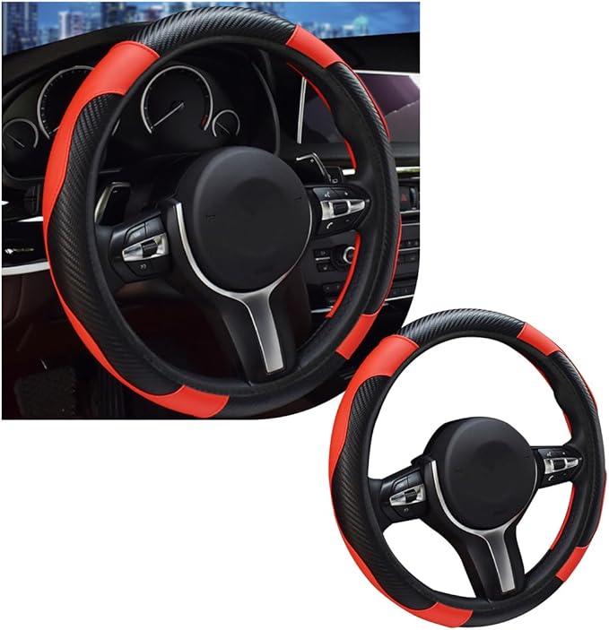 Car Steering Wheel Cover, 15 Inch Leather Breathable Auto Steering Wheel Protector, Comfortable Non-Slip Vehicle Steering Wheel Covers, Universal Interior Car Accessories (Black+Red)